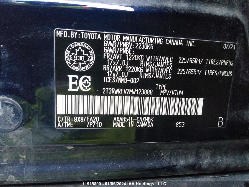 2T3RWRFV7MW123888 2021 Toyota Rav4 Xle