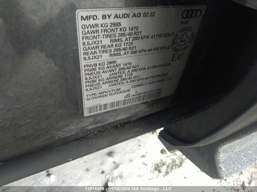 2022 Audi Q7 VIN: WA1MXBF79ND011067 Lot: 11916499