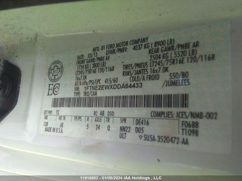 2013 Ford Econoline E250 Van VIN: 1FTNE2EWXDDA64433 Lot: 11916802