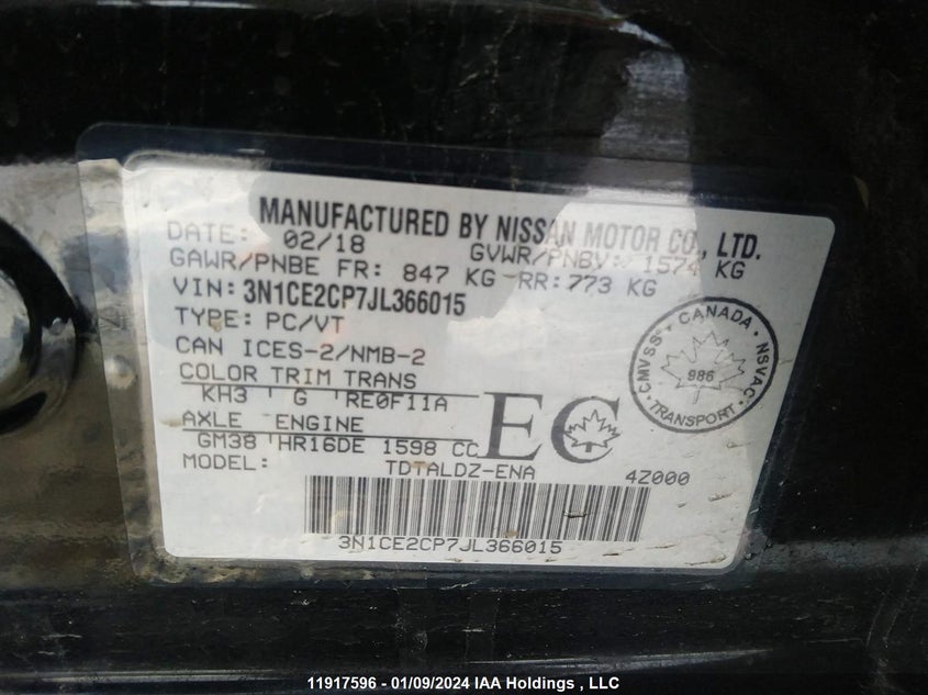 2018 Nissan Versa Note VIN: 3N1CE2CP7JL366015 Lot: 11917596