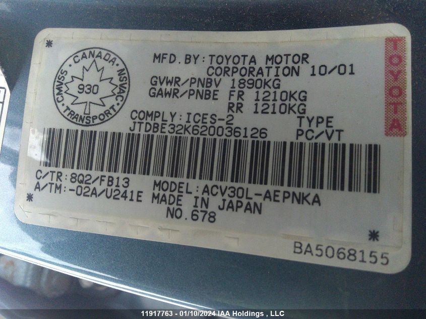 JTDBE32K620036126 2002 Toyota Camry Le/Xle/Se