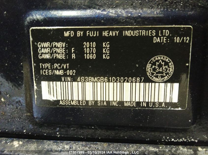 2013 Subaru Legacy 2.5I Premium VIN: 4S3BMGB61D3020687 Lot: 11917999