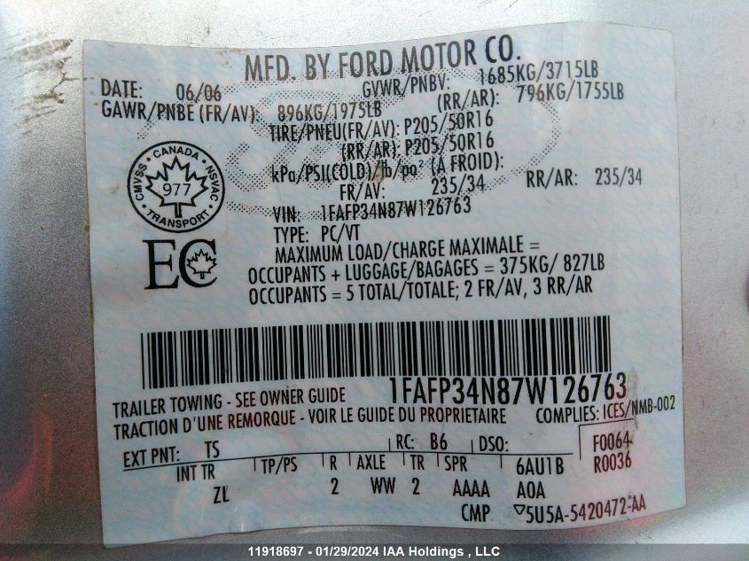 2007 Ford Focus Zx4/S/Se/Ses VIN: 1FAFP34N87W126763 Lot: 11918697