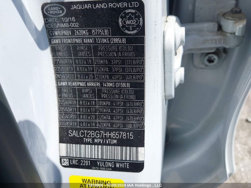 2017 Land Rover Discovery Sport VIN: SALCT2BG7HH657815 Lot: 11918905