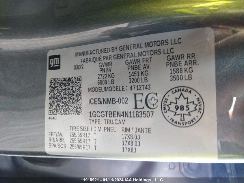 2022 Chevrolet Colorado VIN: 1GCGTBEN4N1183507 Lot: 11918921