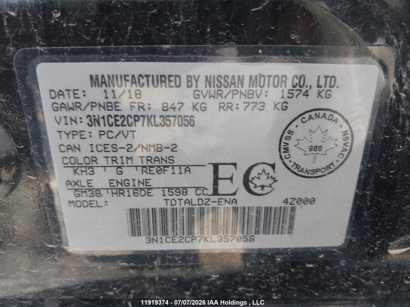 2019 Nissan Versa Note S/Sr/Sv VIN: 3N1CE2CP7KL357056 Lot: 11919374