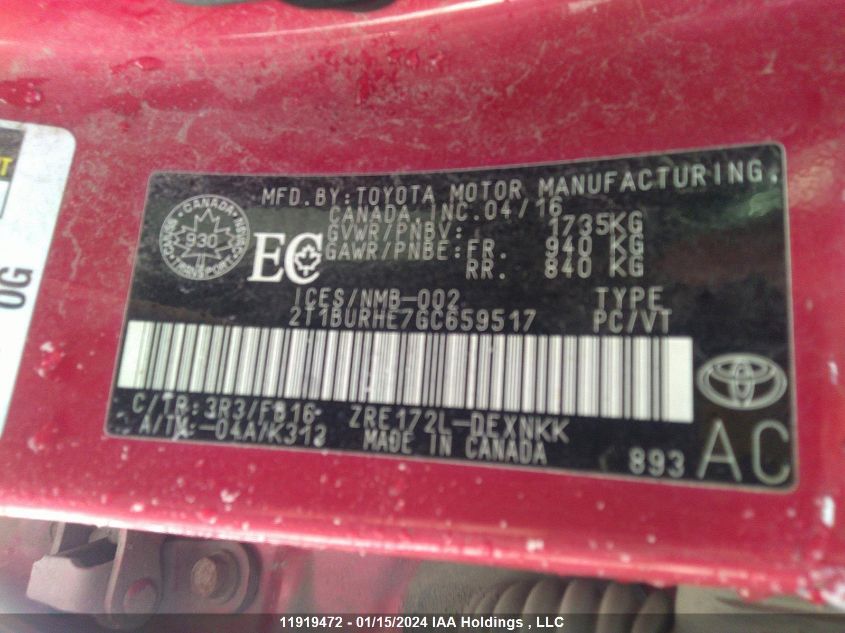 2016 Toyota Corolla L/Le/Le Pls/Prm/S/S Pls VIN: 2T1BURHE7GC659517 Lot: 11919472