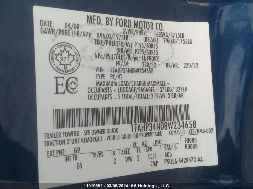 2008 Ford Focus S/Se VIN: 1FAHP34N08W234658 Lot: 11919852