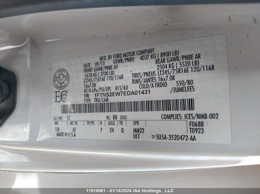 1FTNS2EW7EDA01431 2014 Ford E-250 Commercial