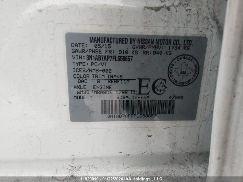 2015 Nissan Sentra VIN: 3N1AB7AP7FL658657 Lot: 11920010