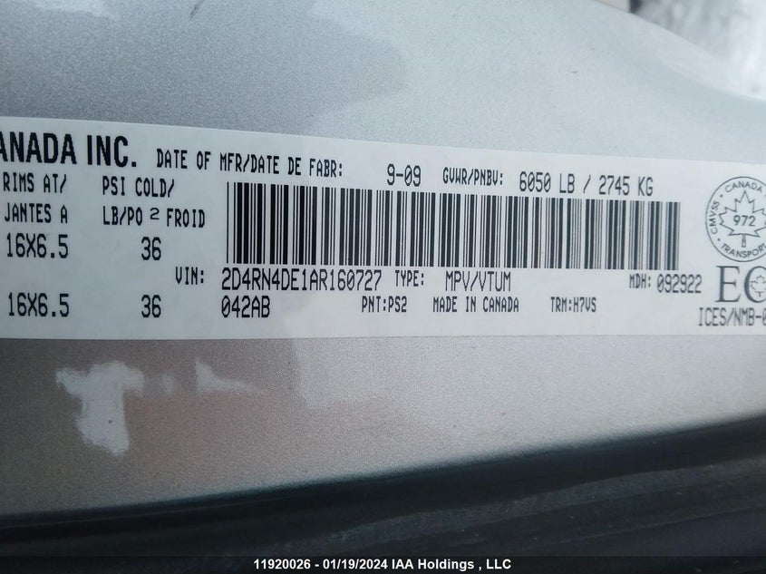 2D4RN4DE1AR160727 2010 DODGE CARAVAN photo no. 9