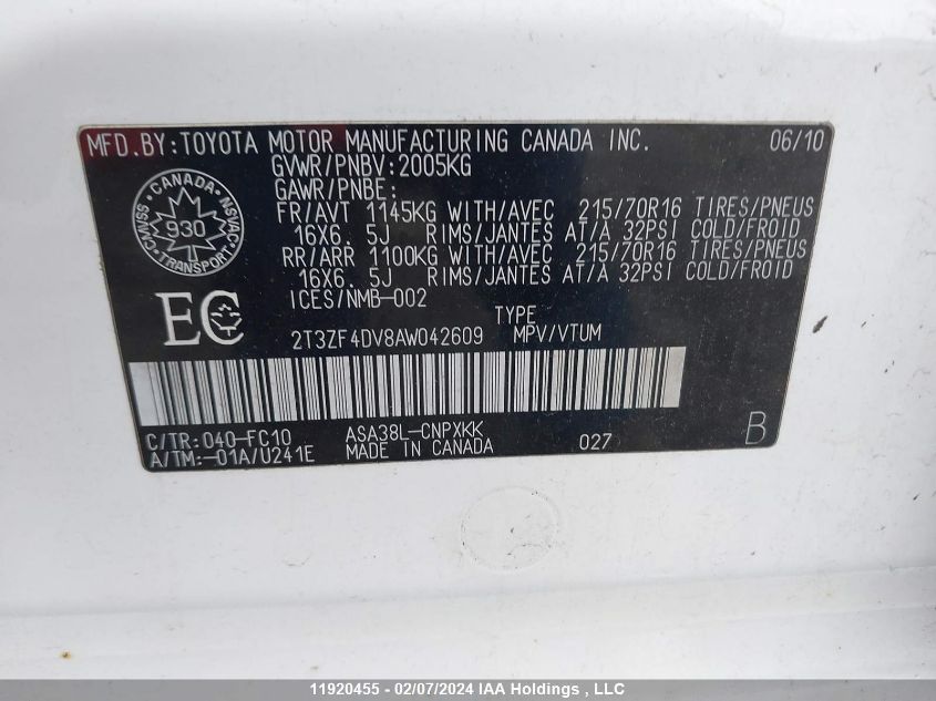 2010 Toyota Rav4 VIN: 2T3ZF4DV8AW042609 Lot: 11920455