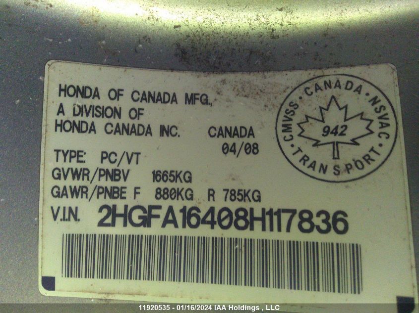 2008 Honda Civic Sdn VIN: 2HGFA16408H117836 Lot: 39236615