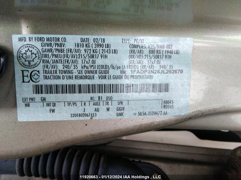 2018 Ford Focus Titanium VIN: 1FADP3N26JL262670 Lot: 11920663