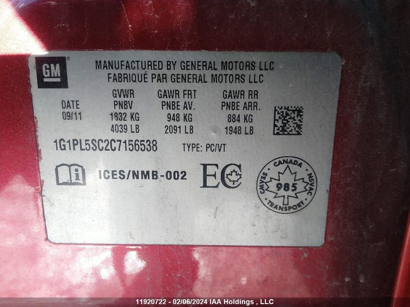 2012 Chevrolet Cruze Lt VIN: 1G1PL5SC2C7156538 Lot: 11920722