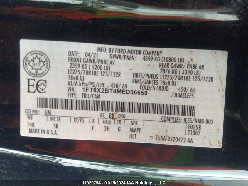 2021 Ford F-250 Lariat VIN: 1FT8X2BT4MED36650 Lot: 11920754