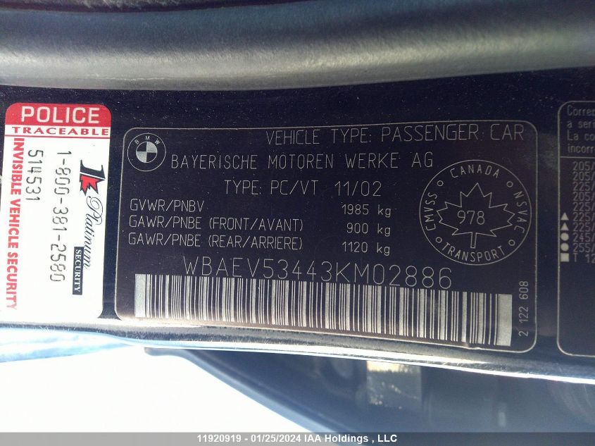 2003 BMW 330 I VIN: WBAEV53443KM02886 Lot: 11920919