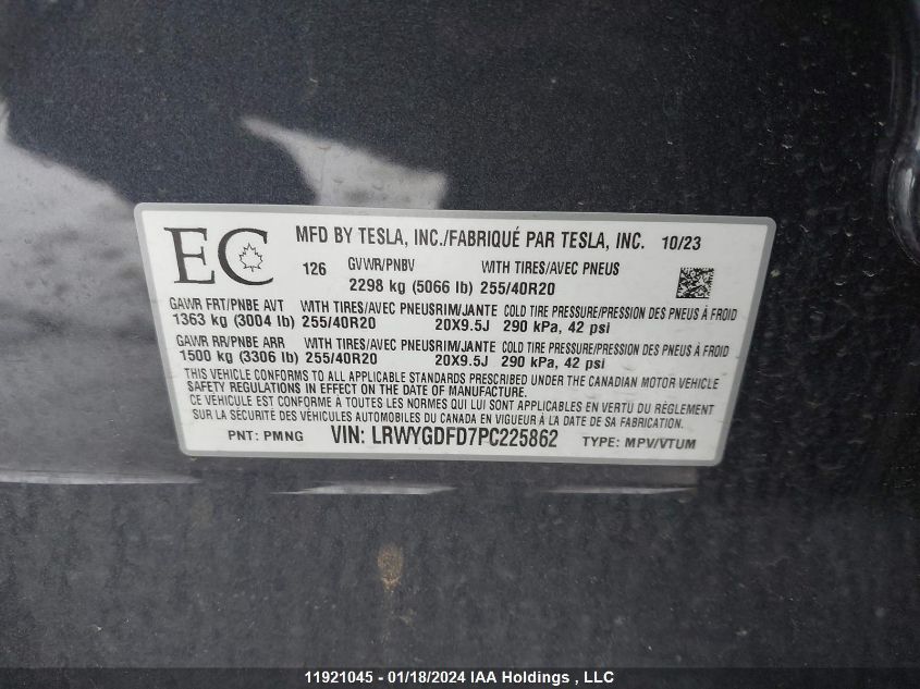 2023 Tesla Model Y VIN: LRWYGDFD7PC225862 Lot: 11921045