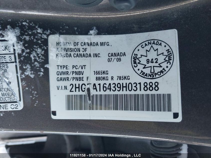 2009 Honda Civic Sdn VIN: 2HGFA16439H031888 Lot: 39236533