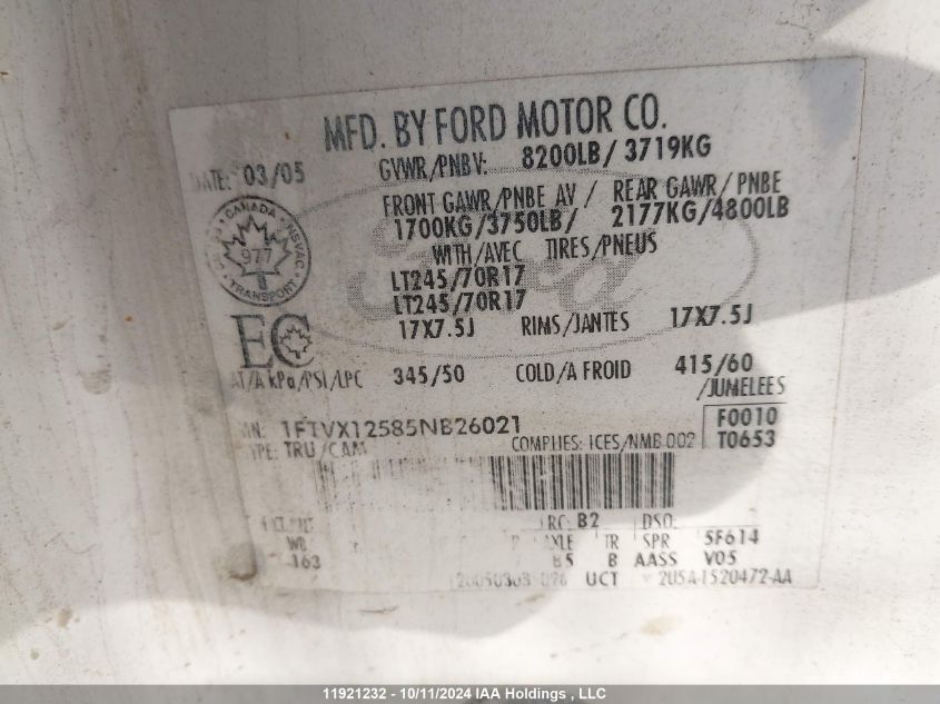 2005 Ford F-150 VIN: 1FTVX12585NB26021 Lot: 11921232