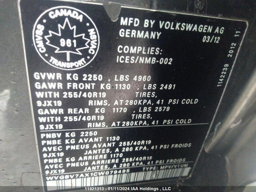 2012 Volkswagen Tiguan S/Se/Sel VIN: WVGBV7AX1CW079495 Lot: 11921313