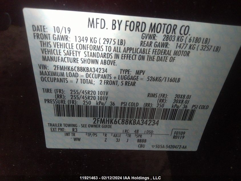 2019 Ford Flex Sel VIN: 2FMHK6C88KBA34234 Lot: 11921463