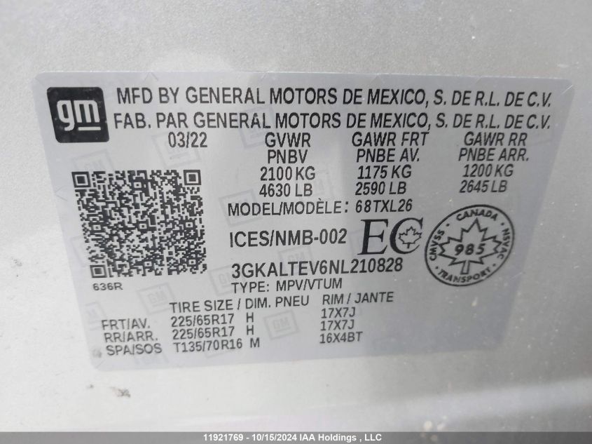 2022 GMC Terrain VIN: 3GKALTEV6NL210828 Lot: 11921769