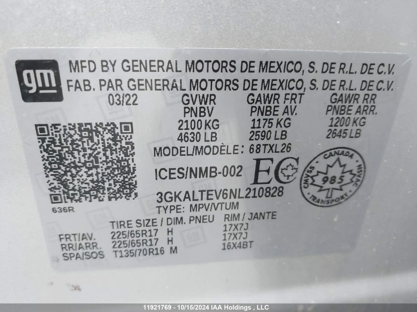 2022 GMC Terrain VIN: 3GKALTEV6NL210828 Lot: 11921769