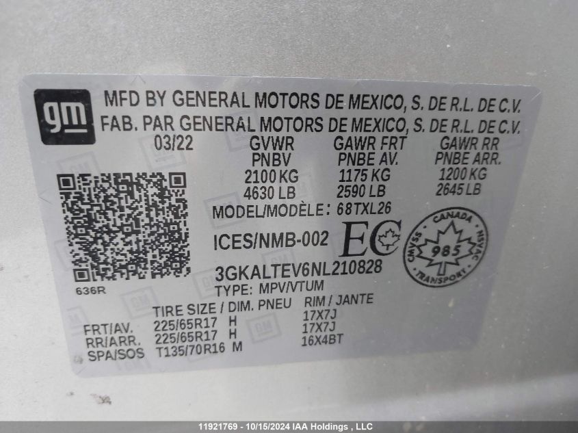 2022 GMC Terrain VIN: 3GKALTEV6NL210828 Lot: 11921769