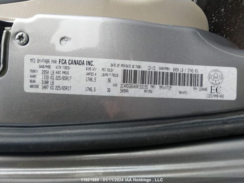 2016 Dodge Grand Caravan Se/Sxt VIN: 2C4RDGBG4GR153155 Lot: 11921989