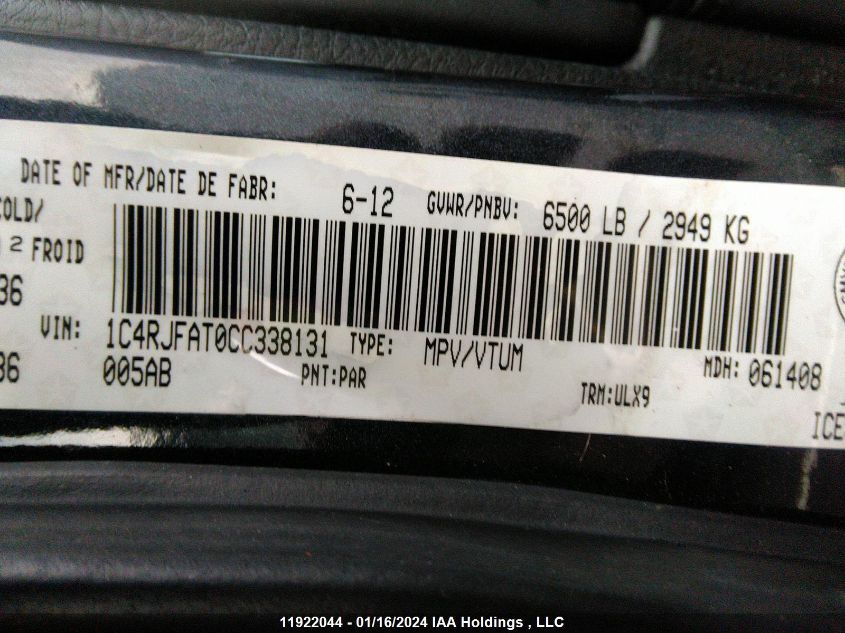 2012 Jeep Grand Cherokee Laredo VIN: 1C4RJFAT0CC338131 Lot: 11922044
