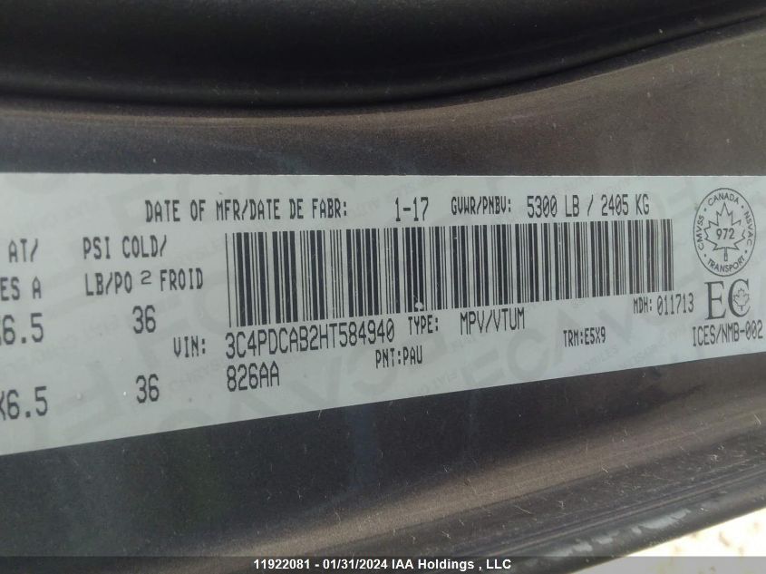2017 Dodge Journey Canada Value VIN: 3C4PDCAB2HT584940 Lot: 11922081