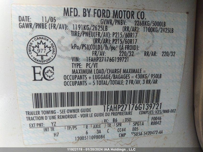 1FAHP27176G139721 2006 Ford Five Hundred