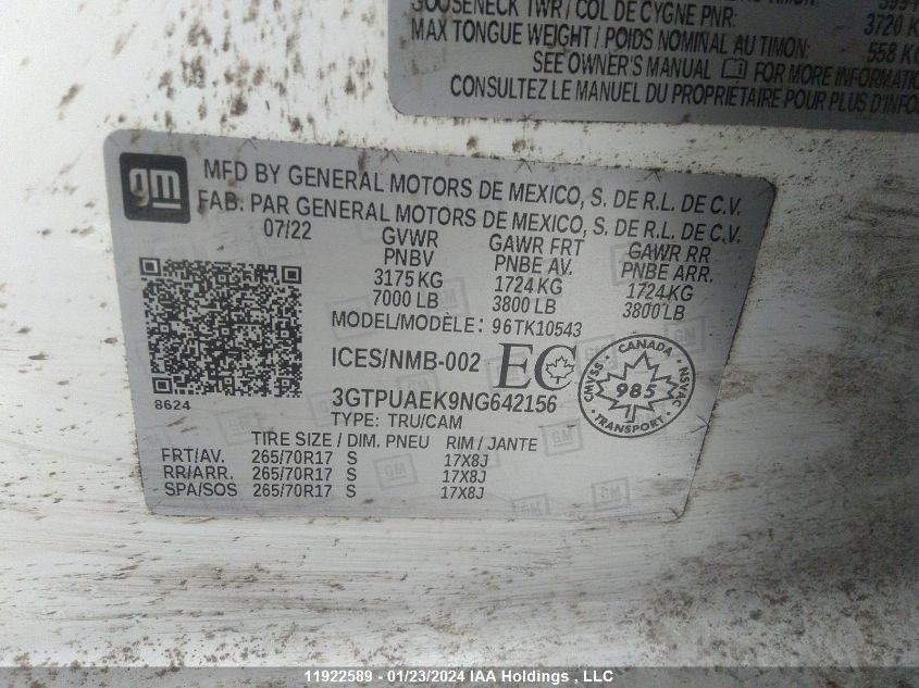 2022 GMC Sierra K1500 VIN: 3GTPUAEK9NG642156 Lot: 11922589