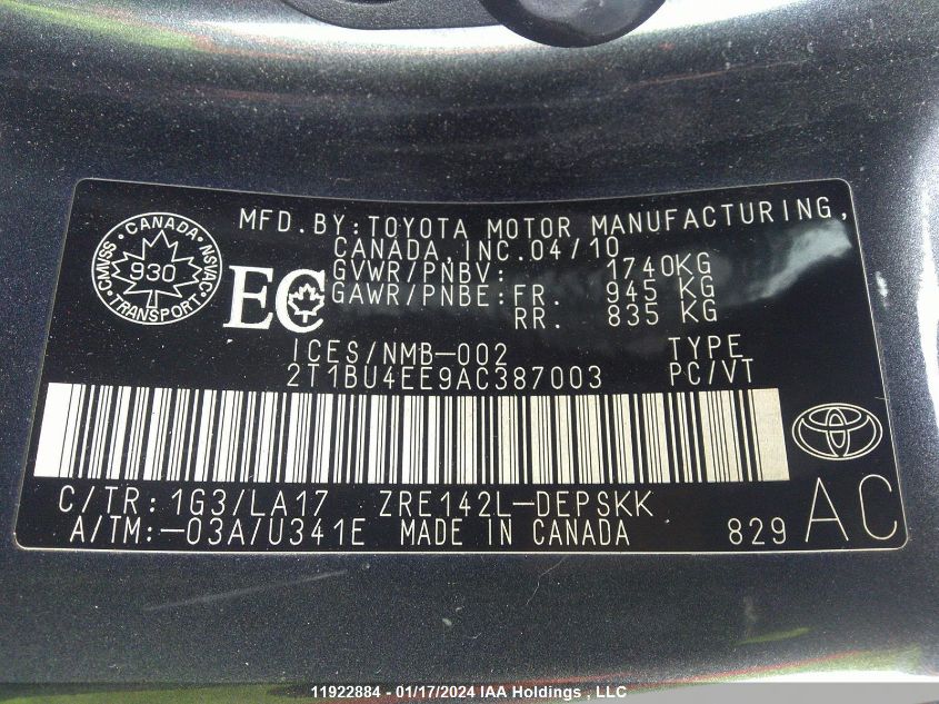 2T1BU4EE9AC387003 2010 Toyota Corolla S