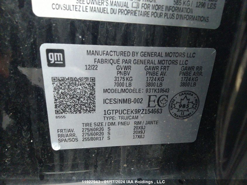 2023 GMC Sierra 1500 VIN: 1GTPUCEK9PZ154663 Lot: 11922943