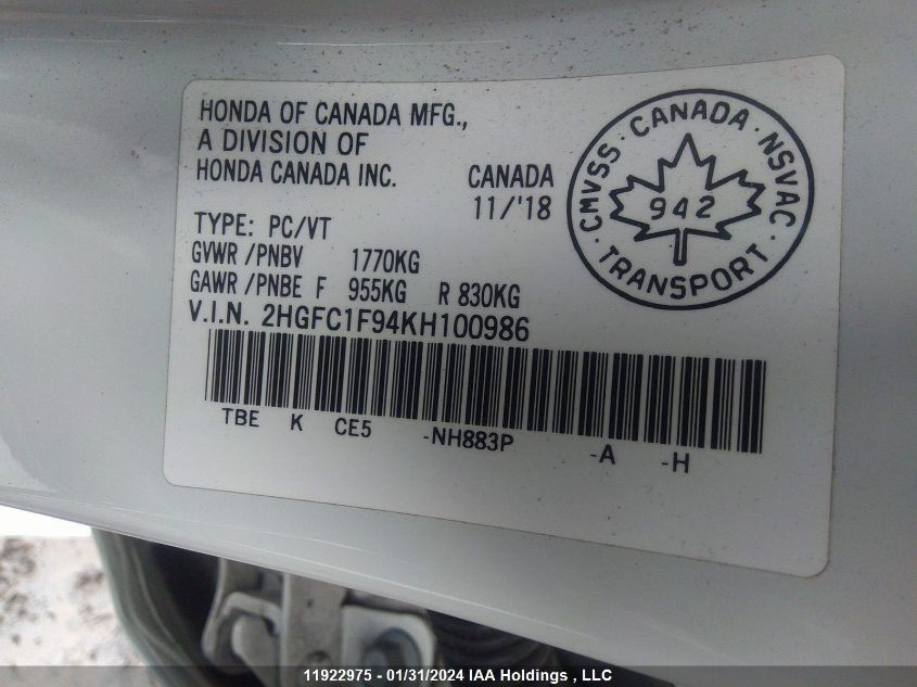2019 Honda Civic Sedan VIN: 2HGFC1F94KH100986 Lot: 11922975