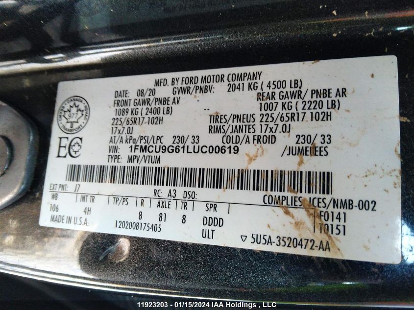 2020 Ford Escape Se VIN: 1FMCU9G61LUC00619 Lot: 11923203