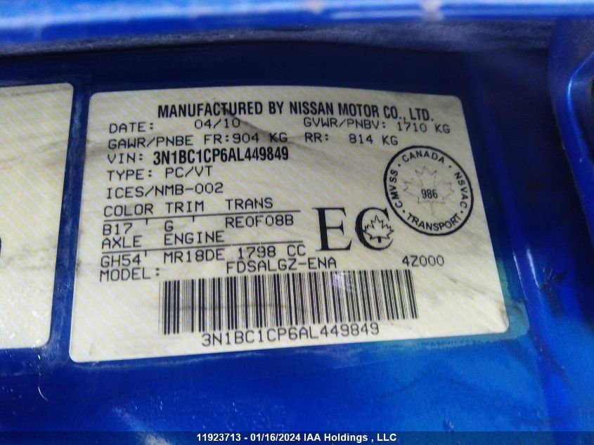 2010 Nissan Versa S/Sl VIN: 3N1BC1CP6AL449849 Lot: 11923713