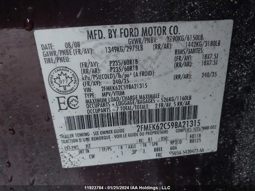 2009 Ford Flex VIN: 2FMEK62C59BA21315 Lot: 11923784