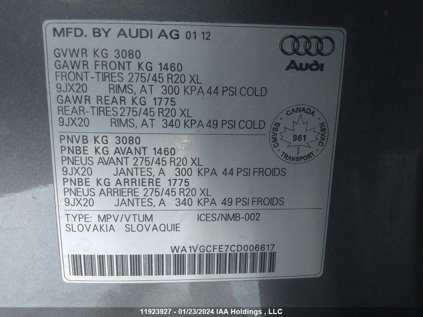 WA1VGCFE7CD006617 2012 Audi Q7