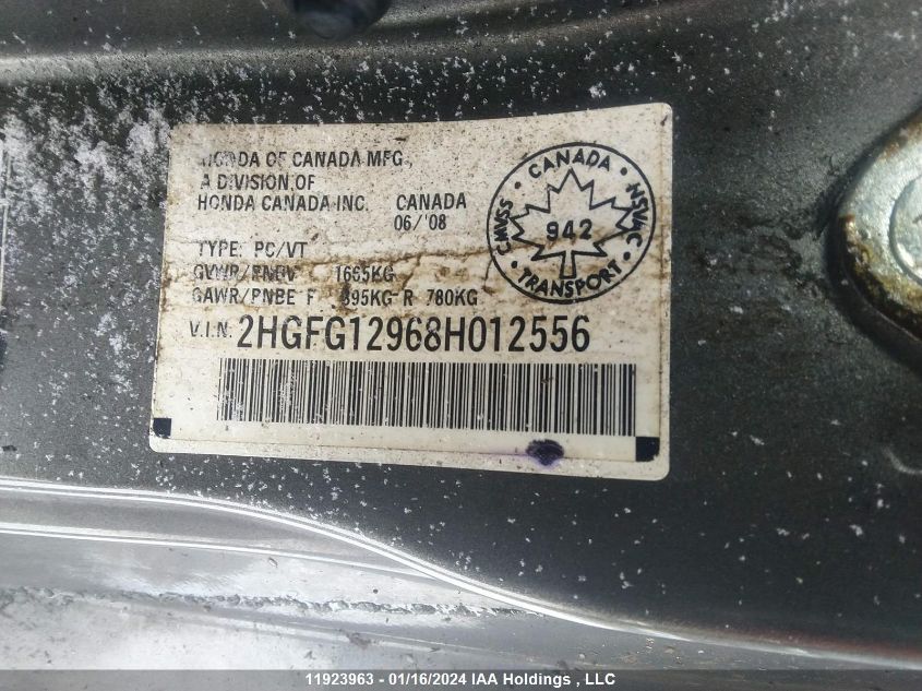 2008 Honda Civic Exl VIN: 2HGFG12968H012556 Lot: 39241352