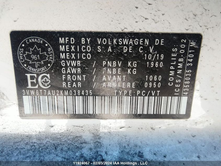 2019 Volkswagen Golf Gti VIN: 3VW6T7AU2KM038435 Lot: 11924067