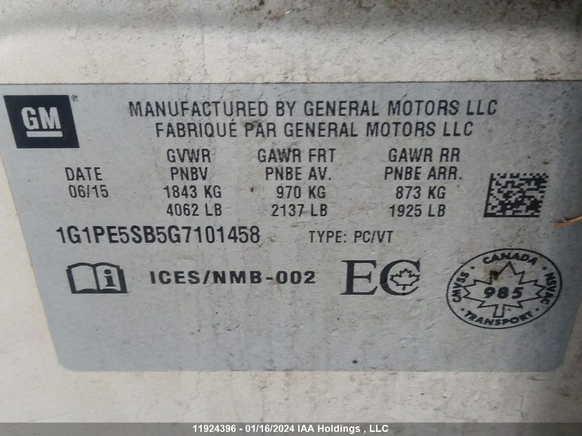 2016 Chevrolet Cruze Limited VIN: 1G1PE5SB5G7101458 Lot: 11924396