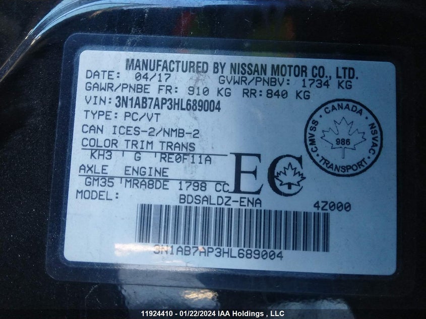 2017 Nissan Sentra VIN: 3N1AB7AP3HL689004 Lot: 11924410