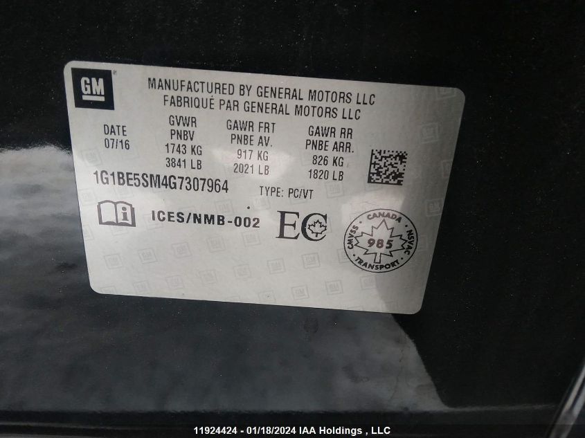 2016 Chevrolet Cruze VIN: 1G1BE5SM4G7307964 Lot: 39224909