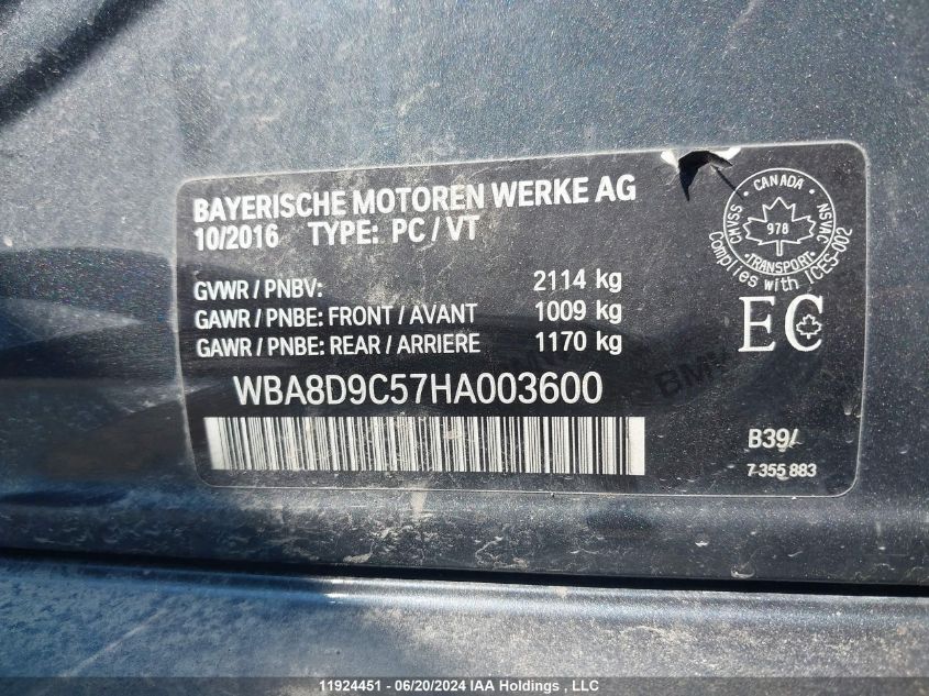 2017 BMW 3 Series VIN: WBA8D9C57HA003600 Lot: 11924451