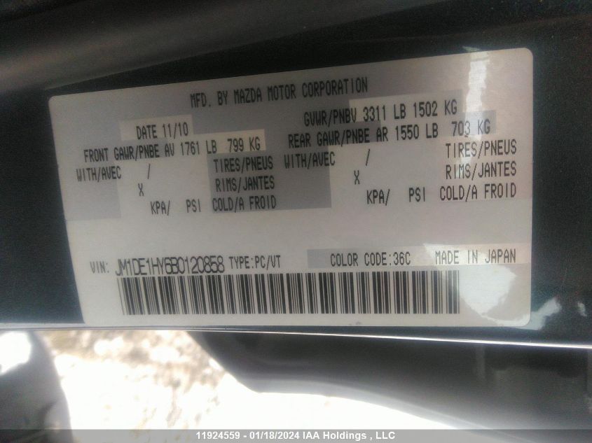 2011 Mazda Mazda2 VIN: JM1DE1HY6B0120858 Lot: 11924559