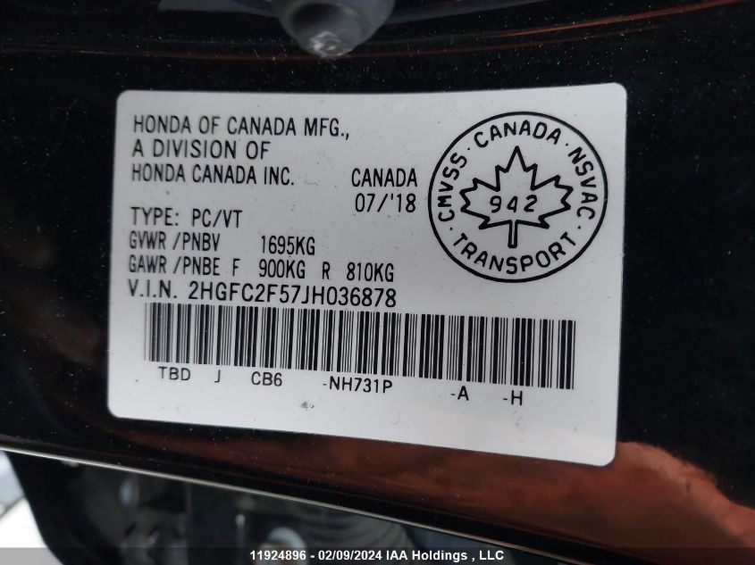2018 Honda Civic Sedan VIN: 2HGFC2F57JH036878 Lot: 11924896
