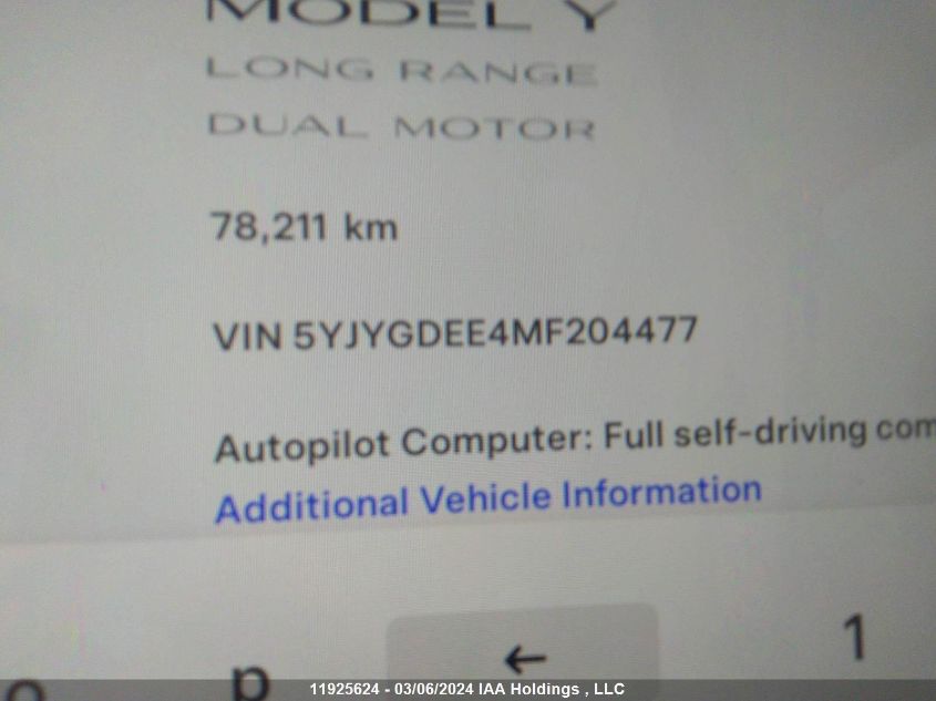 2021 Tesla Model Y VIN: 5YJYGDEE4MF204477 Lot: 11925624